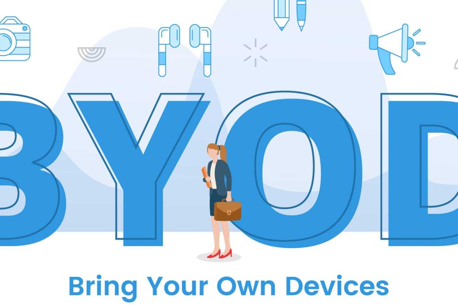 Das Bild zeigt den Schriftzug BYOD (Bring Your Own Device) und mehrere Geräte im Comicstil.