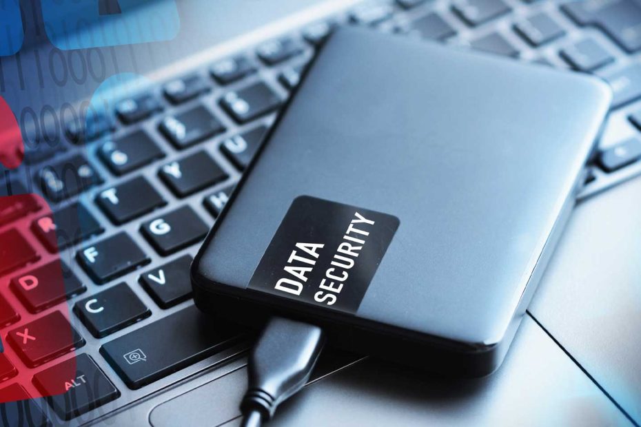 Das Bild zeigt eine USB-Festplatte, welche den Schriftzug DATA Security trägt.