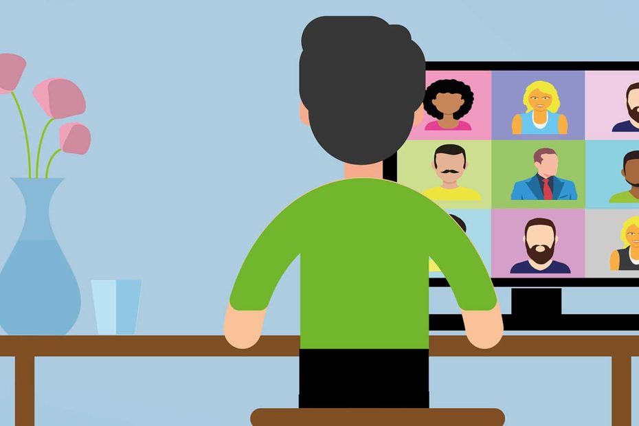 Das Bild im Comicstil zeigt einen Mensch, welcher vom Home Office aus an einer Videokonferenz teilnimmt.