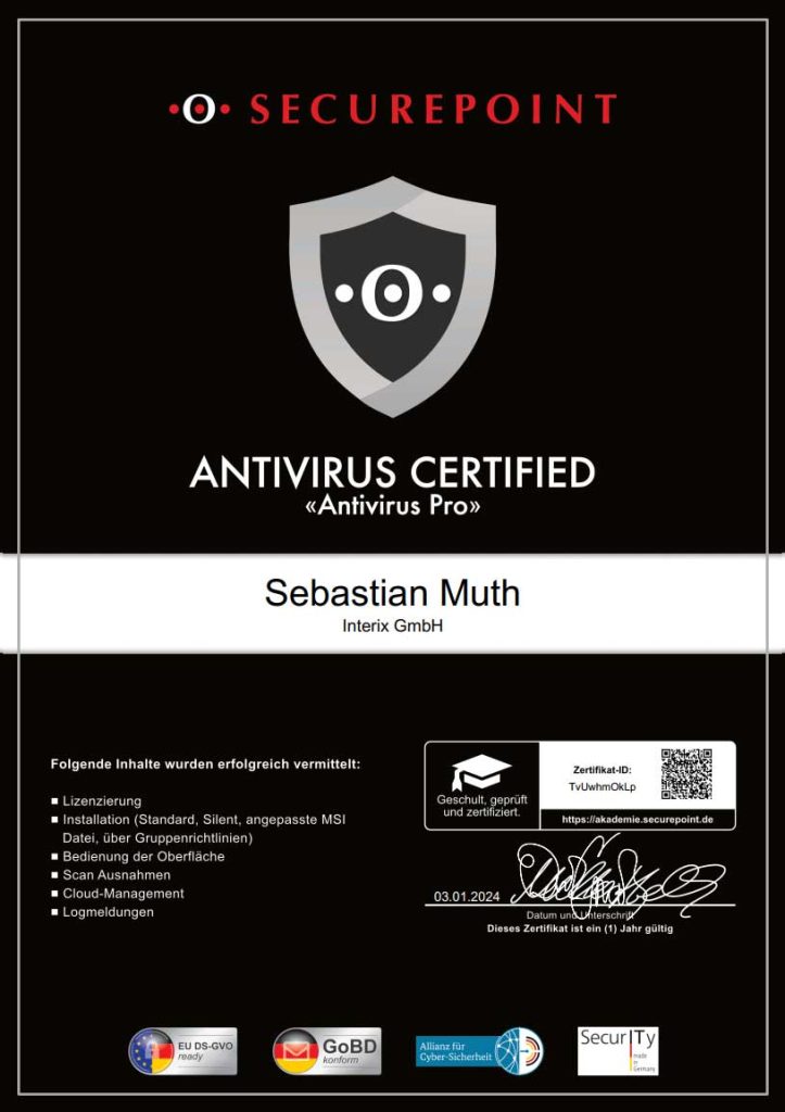 Das Bild zeigt das Zertifikat "Securepoint Antivirus Certified".