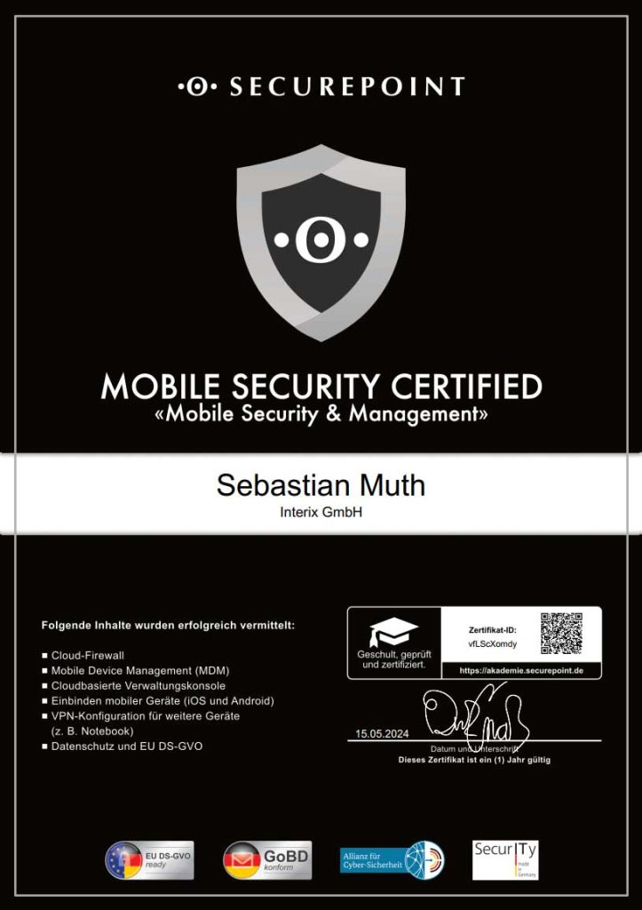 Das Bild zeigt das Zertifikat "Securepoint Mobile Security Certified".