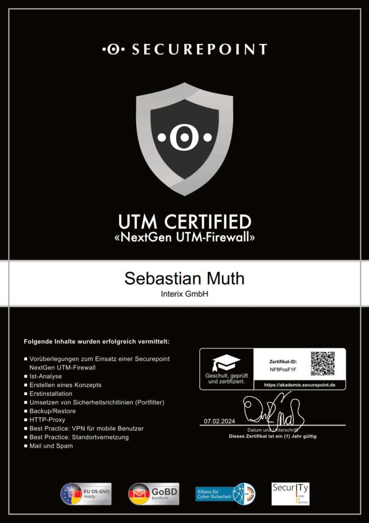 Das Bild zeigt das Zertifikat "Securepoint UTM Certified".