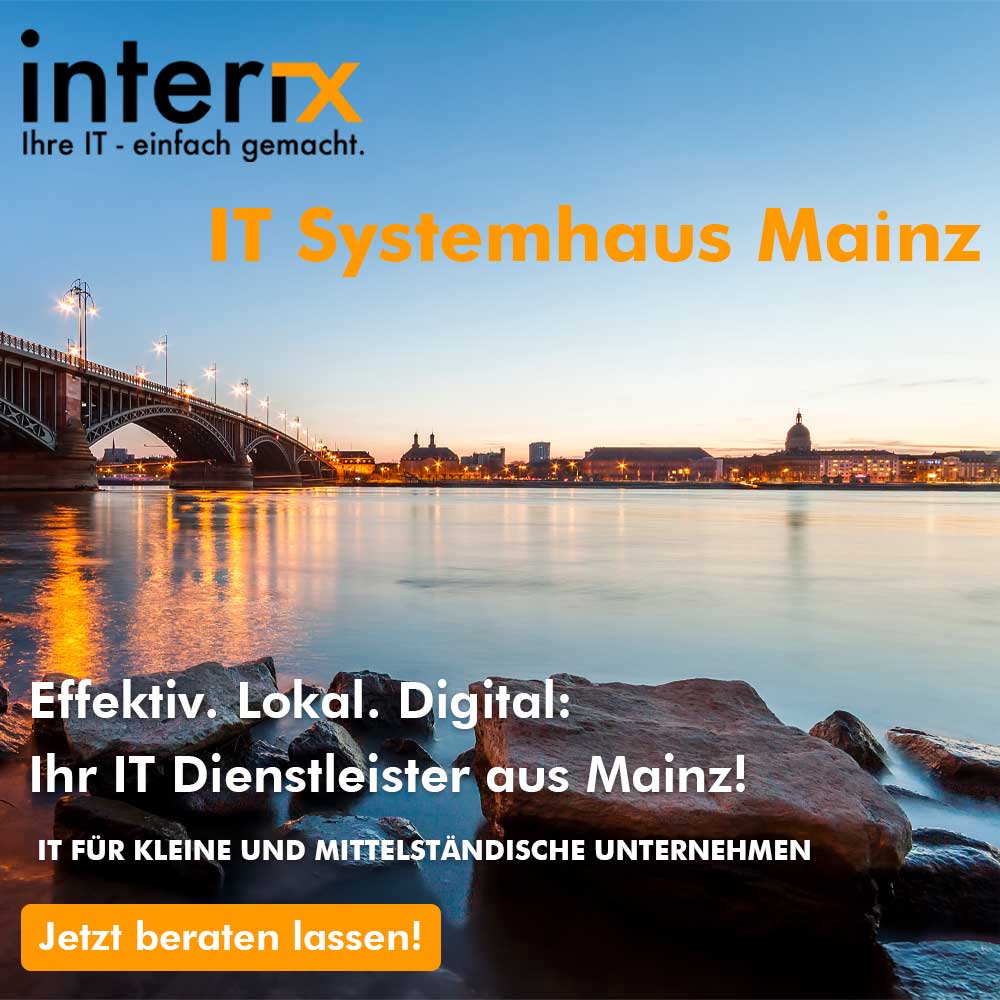 Das Bild zeigt eine Werbeanzeige der Interix GmbH, welche im Hintergrund die Theodor-Heuss-Brücke und das Rheinufer von Mainz zeigt.