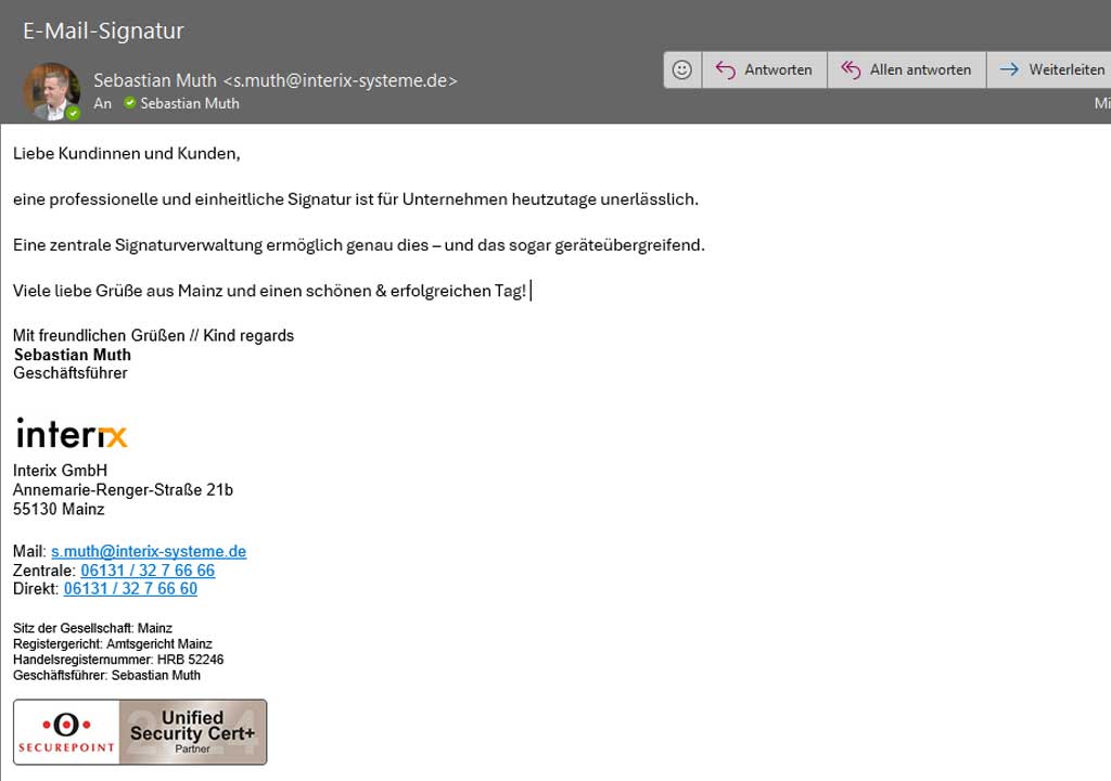 Das Bild zeigt die E-Mail-Signatur der Interix GmbH.