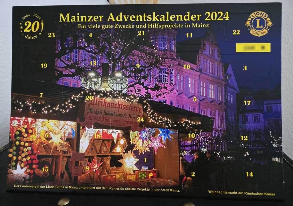 Das Bild zeigt den Mainzer Adventskalender 2024 der Lions Clubs Mainz.