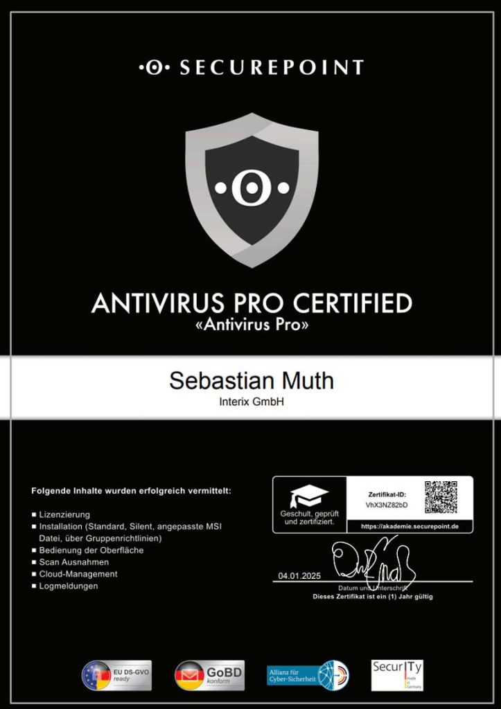 Das Bild zeigt das Zertifikat "Securepoint Antivirus Certified".